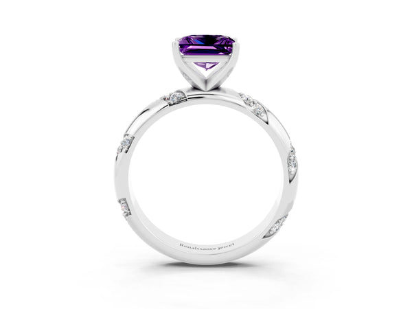 Silver Princess Cut Amethyst Solitaire Engagement Ring with Twisted Round  Accent Band and Prong Setting