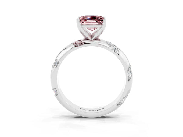 Silver Princess Cut Solitaire Diamond Engagement Ring with Twisted Pave Band and Four-Prong Setting