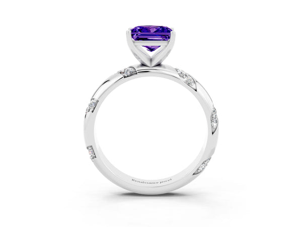 Platinum Princess Cut Tanzanite Solitaire Engagement Ring with Twisted Round  Accent Band and Prong Setting
