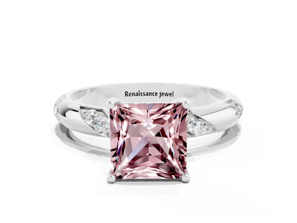 Silver Princess Cut Solitaire Diamond Engagement Ring with Twisted Pave Band and Four-Prong Setting