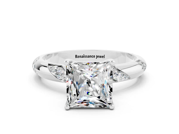 White gold Princess Cut Moissanite Solitaire Engagement Ring with Twisted Round  Accent Band and Prong Setting