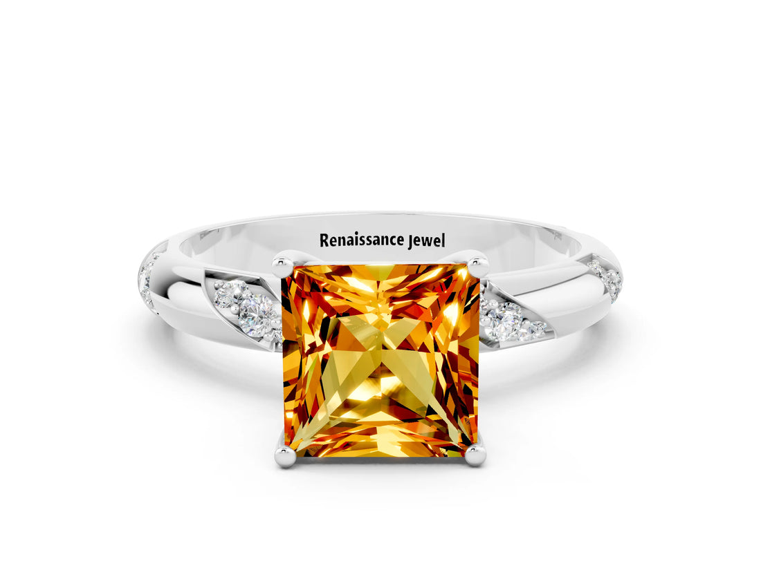 White gold Princess Cut Solitaire Diamond Engagement Ring with Twisted Pave Band and Four-Prong Setting