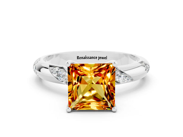 Platinum Princess Cut Citrine Solitaire Engagement Ring with Twisted Round  Accent Band and Prong Setting