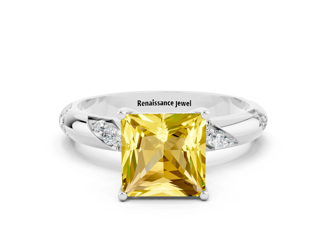 White gold Princess Cut Solitaire Diamond Engagement Ring with Twisted Pave Band and Four-Prong Setting