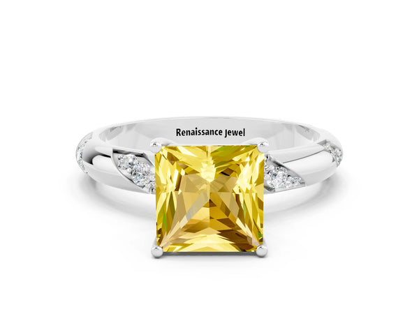 White gold Princess Cut Yellow Sapphire Solitaire Engagement Ring with Twisted Round  Accent Band and Prong Setting
