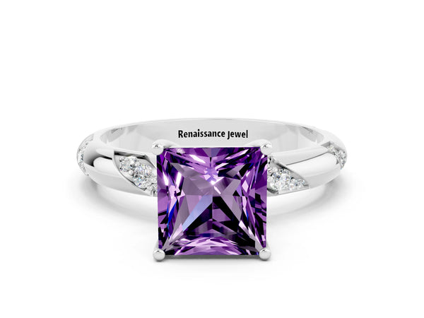 Platinum Princess Cut Amethyst Solitaire Engagement Ring with Twisted Round  Accent Band and Prong Setting