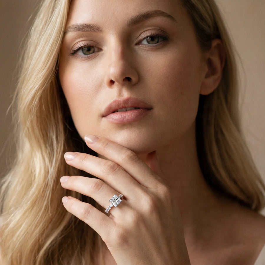 White gold Princess Cut Solitaire Diamond Ring with Pave Band and Four-Prong Setting