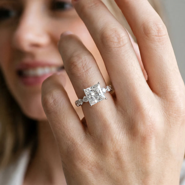 White gold Princess Cut Solitaire Diamond Ring with Pave Band and Four-Prong Setting