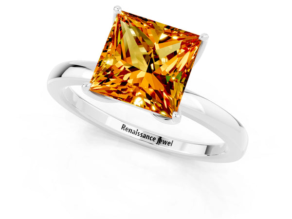 Silver Princess Cut Citrine Solitaire Ring with Thin Band and Prong Setting