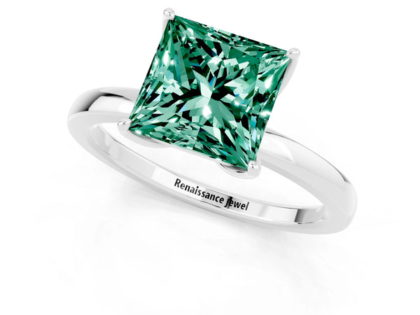 Silver Princess Cut Green Sapphire Solitaire Ring with Thin Band and Prong Setting
