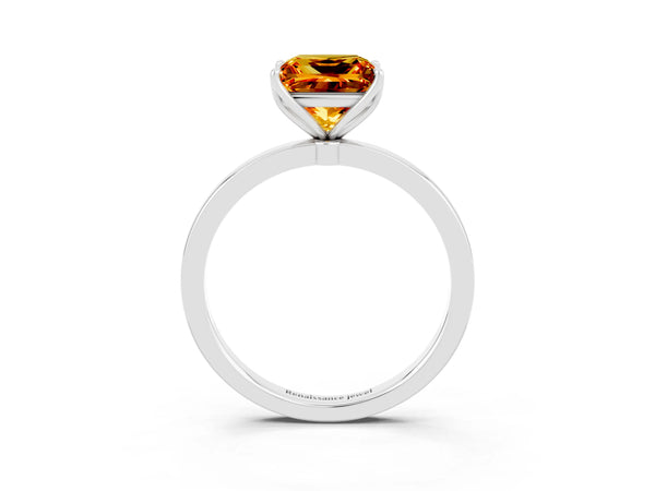 White gold Princess Cut Citrine Solitaire Ring with Thin Band and Prong Setting