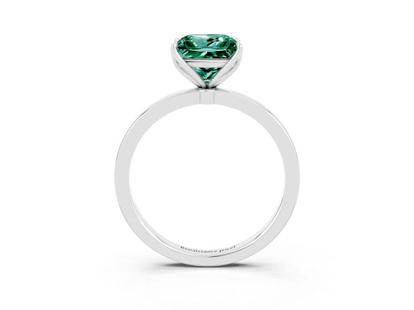 White gold Princess Cut Green Sapphire Solitaire Ring with Thin Band and Prong Setting