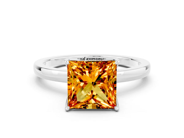 White gold Princess Cut Citrine Solitaire Ring with Thin Band and Prong Setting