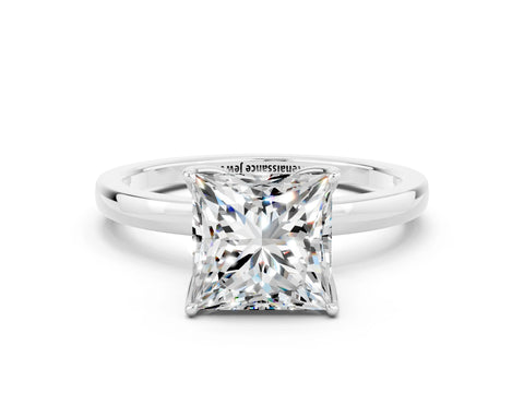 White gold Princess Cut Solitaire Diamond Ring with Thin Band and Four-Prong Setting