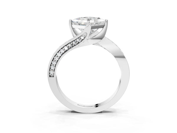 White Gold Princess Cut Bypass Solitaire Engagement Ring Setting with Swirl Pave Band