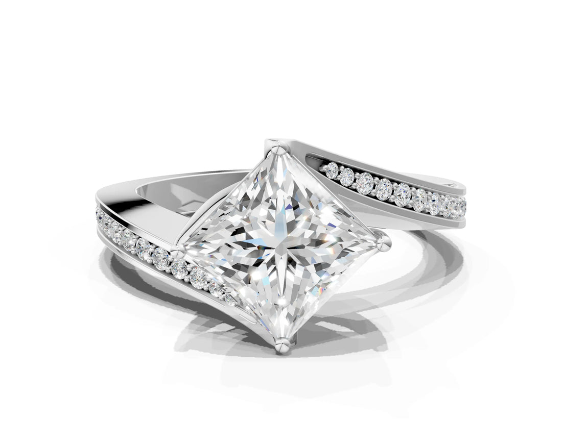 White gold Princess Cut Solitaire Diamond Twist Band with Pavé Setting and Four-Prong Setting_7