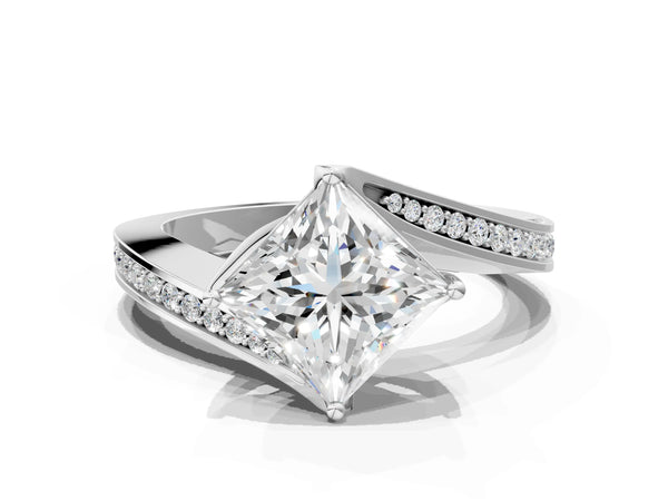 White Gold Princess Cut Bypass Solitaire Engagement Ring Setting with Swirl Pave Band