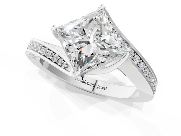 White Gold Princess Cut Bypass Solitaire Engagement Ring Setting with Swirl Pave Band