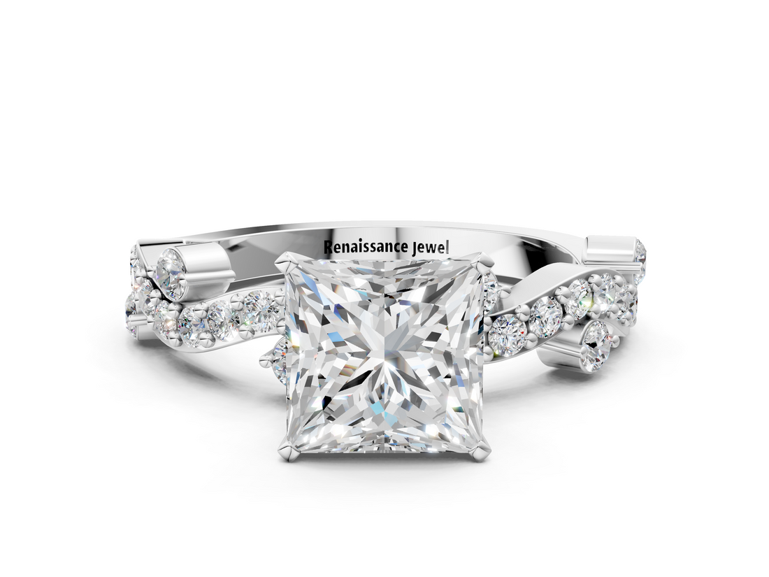White gold Princess Cut Solitaire Diamond Twisted Band with Pave Setting_89