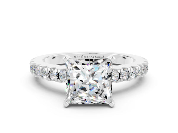 Platinum Princess Cut Solitaire Moissanite with Pavé Band and Four-Prong Setting