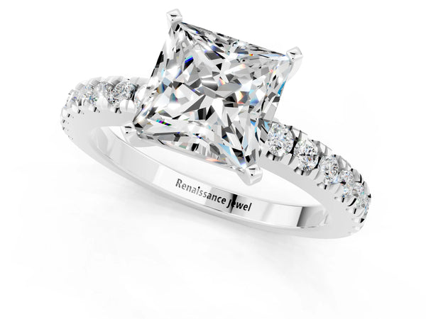 Platinum Princess Cut Solitaire Moissanite with Pavé Band and Four-Prong Setting
