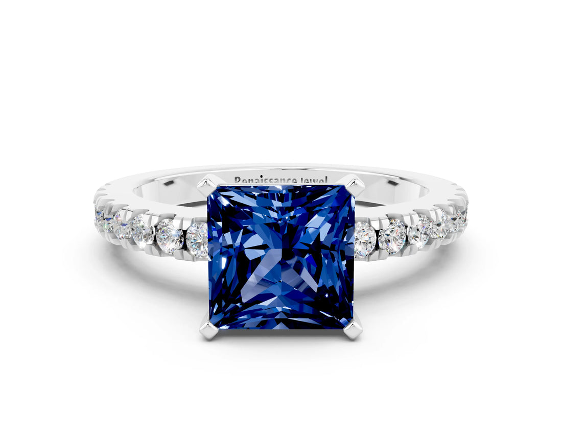 White gold Princess Cut Solitaire Diamond with Pavé Band and Four-Prong Setting