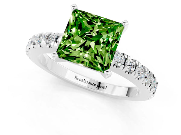 White gold Princess Cut Solitaire Peridot with Pavé Band and Four-Prong Setting