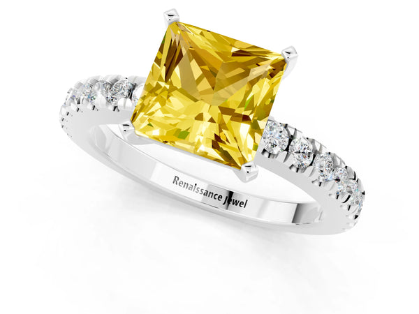 White gold Princess Cut Solitaire Yellow Sapphire with Pavé Band and Four-Prong Setting