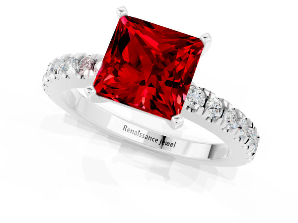 White gold Princess Cut Solitaire Ruby with Pavé Band and Four-Prong Setting