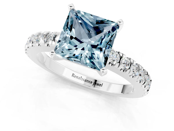 Silver Princess Cut Solitaire Aquamarine with Pavé Band and Four-Prong Setting
