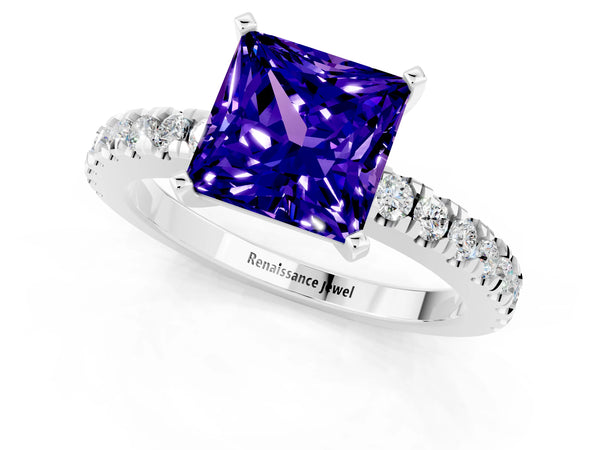 Platinum Princess Cut Solitaire Tanzanite with Pavé Band and Four-Prong Setting