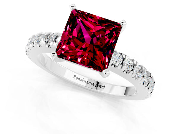 Platinum Princess Cut Solitaire Garnet with Pavé Band and Four-Prong Setting