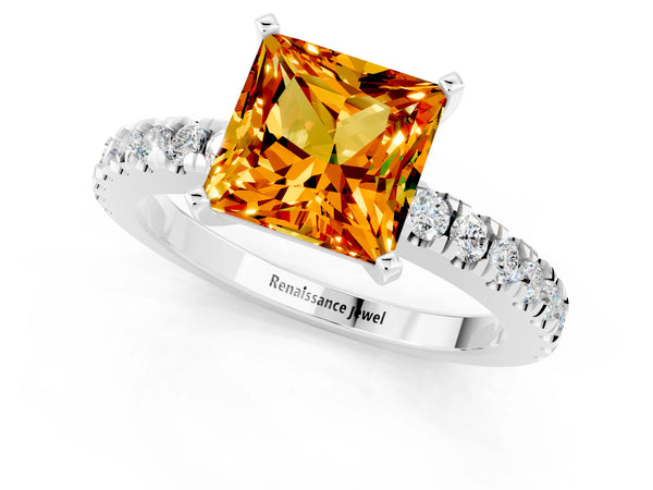 Silver Princess Cut Solitaire Citrine with Pavé Band and Four-Prong Setting