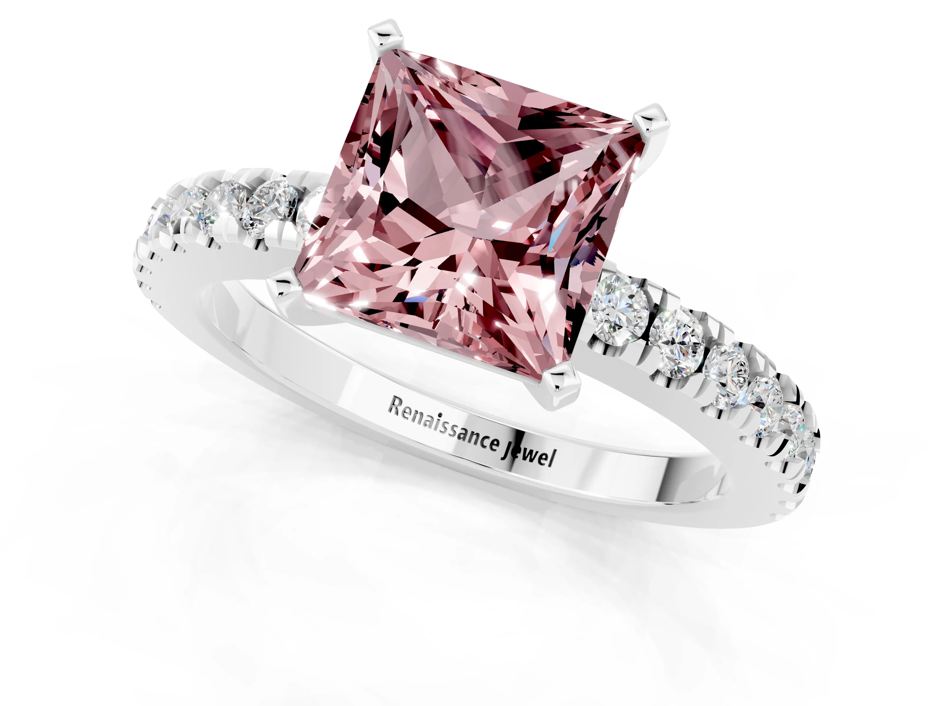 White gold Princess Cut Solitaire Diamond with Pavé Band and Four-Prong Setting_1