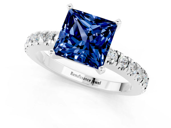 Platinum Princess Cut Solitaire Blue Sapphire with Pavé Band and Four-Prong Setting