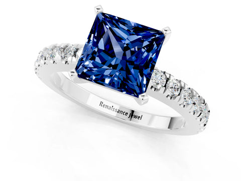 White gold Princess Cut Solitaire Diamond with Pavé Band and Four-Prong Setting_1
