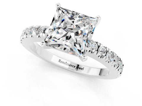 White gold Princess Cut Solitaire Diamond with Pavé Band and Four-Prong Setting_1