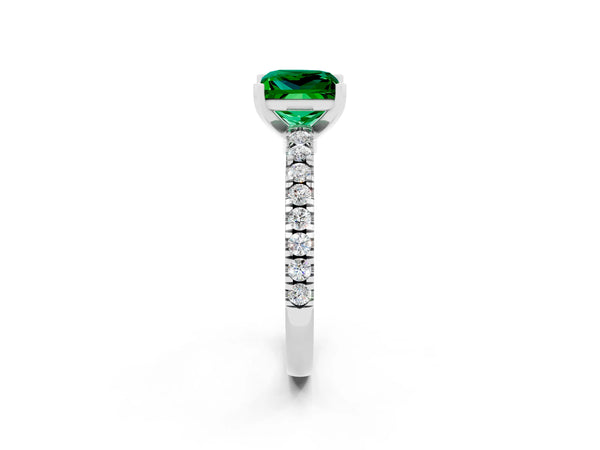 Silver Princess Cut Solitaire Emerald with Pavé Band and Four-Prong Setting