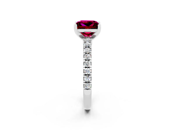 White gold Princess Cut Solitaire Garnet with Pavé Band and Four-Prong Setting