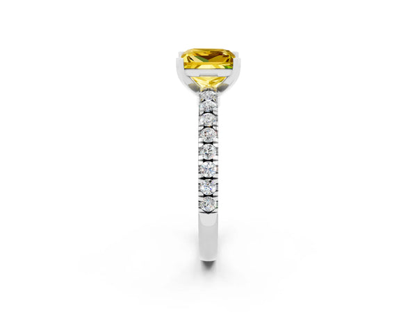 White gold Princess Cut Solitaire Yellow Sapphire with Pavé Band and Four-Prong Setting