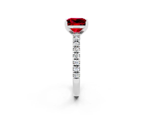 Platinum Princess Cut Solitaire Ruby with Pavé Band and Four-Prong Setting