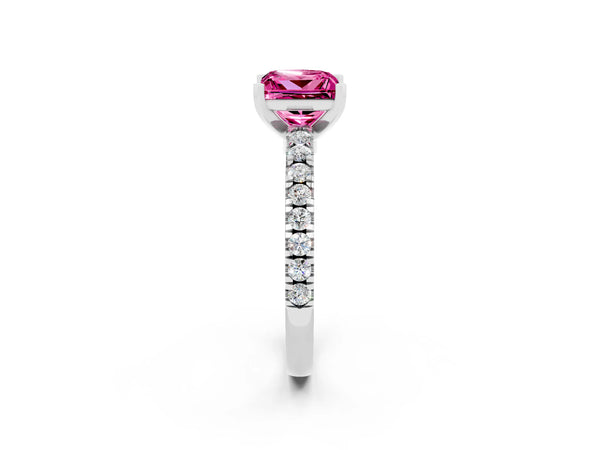 White gold Princess Cut Solitaire Pink Sapphire with Pavé Band and Four-Prong Setting