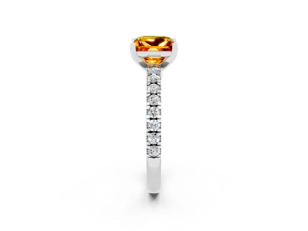Silver Princess Cut Solitaire Citrine with Pavé Band and Four-Prong Setting