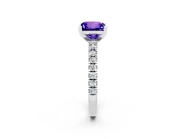 Platinum Princess Cut Solitaire Tanzanite with Pavé Band and Four-Prong Setting