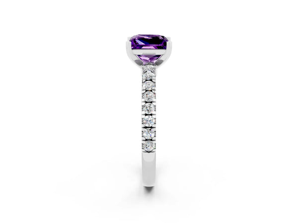 Silver Princess Cut Solitaire Amethyst with Pavé Band and Four-Prong Setting