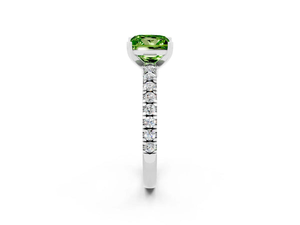 Platinum Princess Cut Solitaire Peridot with Pavé Band and Four-Prong Setting