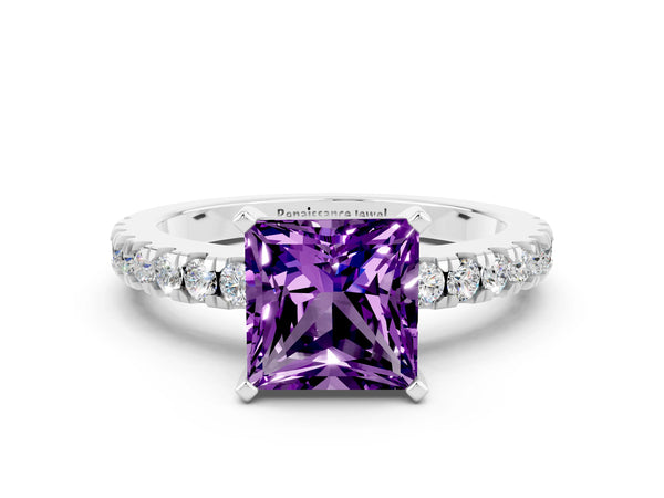 Platinum Princess Cut Solitaire Amethyst with Pavé Band and Four-Prong Setting