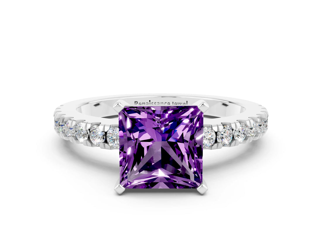 White gold Princess Cut Solitaire Diamond with Pavé Band and Four-Prong Setting