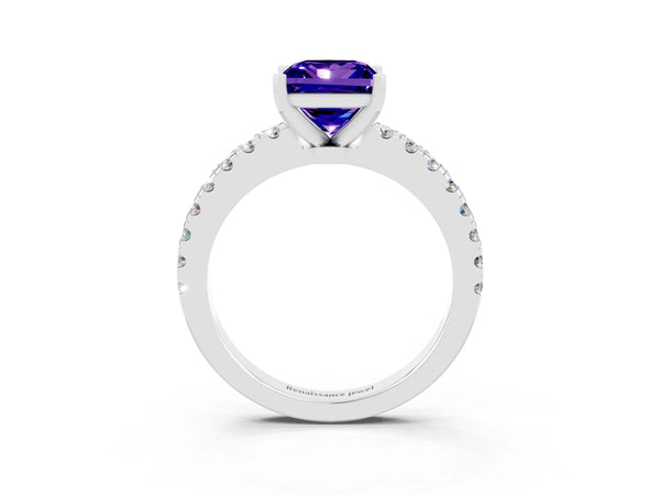 Platinum Princess Cut Solitaire Tanzanite with Pavé Band and Four-Prong Setting