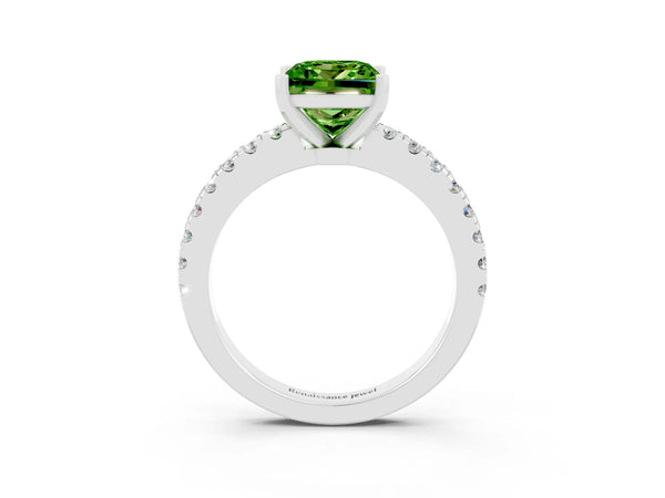 Platinum Princess Cut Solitaire Peridot with Pavé Band and Four-Prong Setting